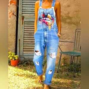 *New* Distressed Light Blue Denim Overalls with Colorful Lip Print